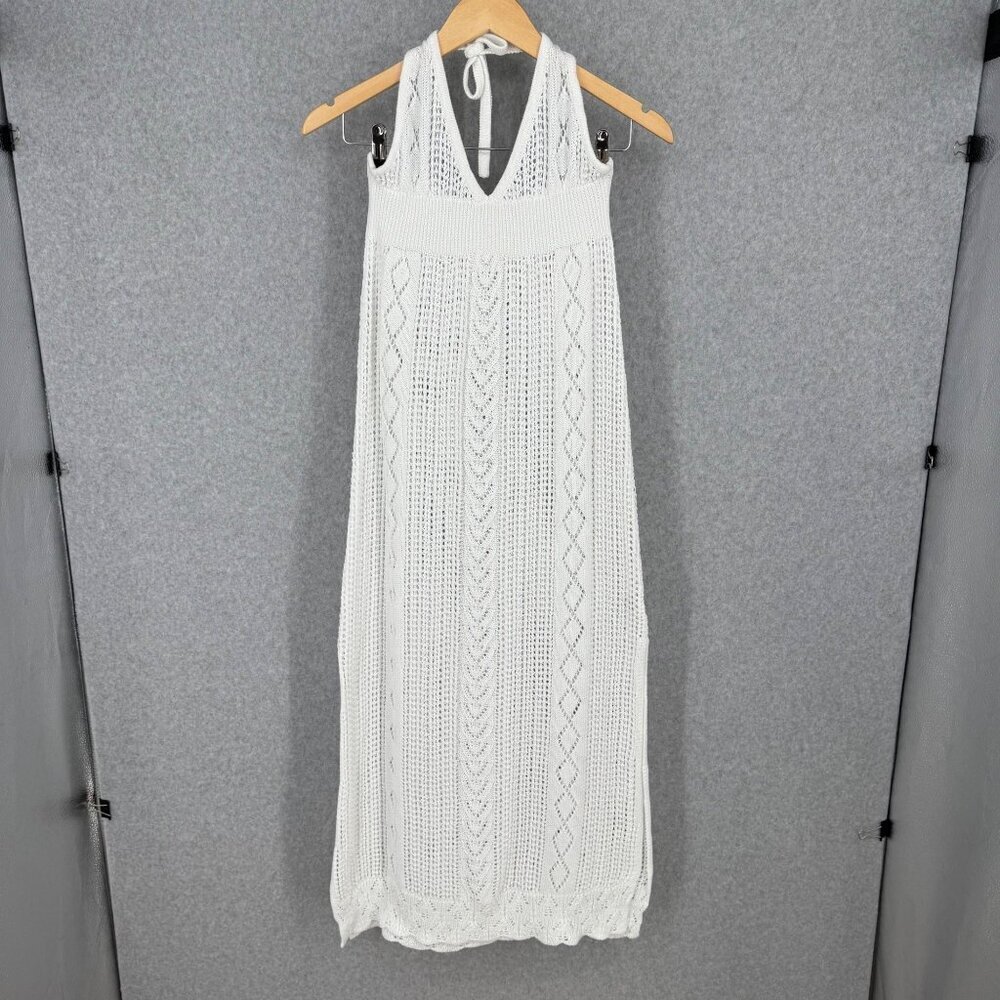 Unbranded Open Knit Crochet Maxi Dress Cover Up Size M White Sheer Beachy Casual